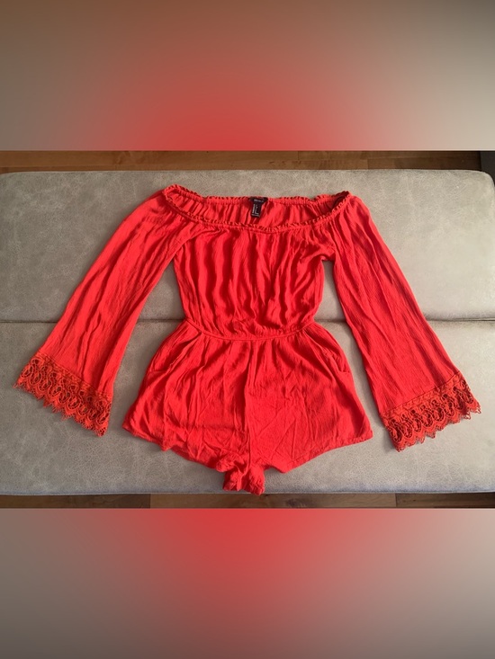 Forever 21 Pants - Forever 21 Womens Red Off Shoulder Lace Cuff Long Sleeve Romper w/ Pockets Small